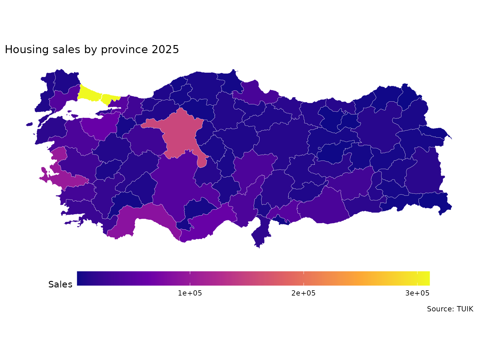 Map of Turkey's provinces colored by the latest house sales totals.